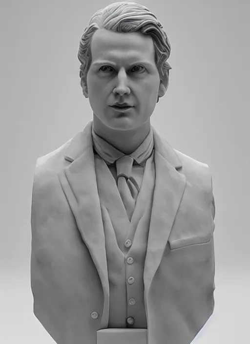 Prompt: an orthographic bust white marble sculpture of jim carry, by Wes Anderson