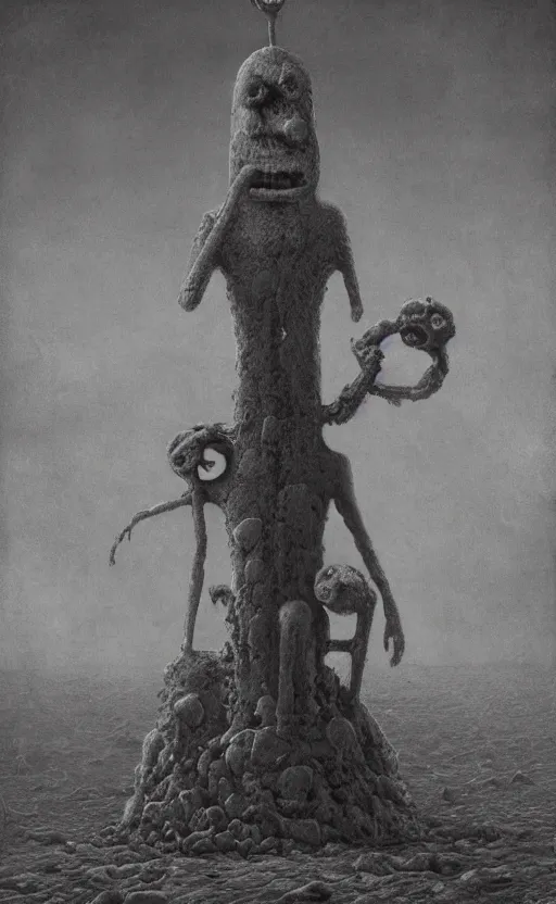 Image similar to spongebob squarepants in style of zdzisław beksinski, standing in wasteland, horror art, creepy, desolate