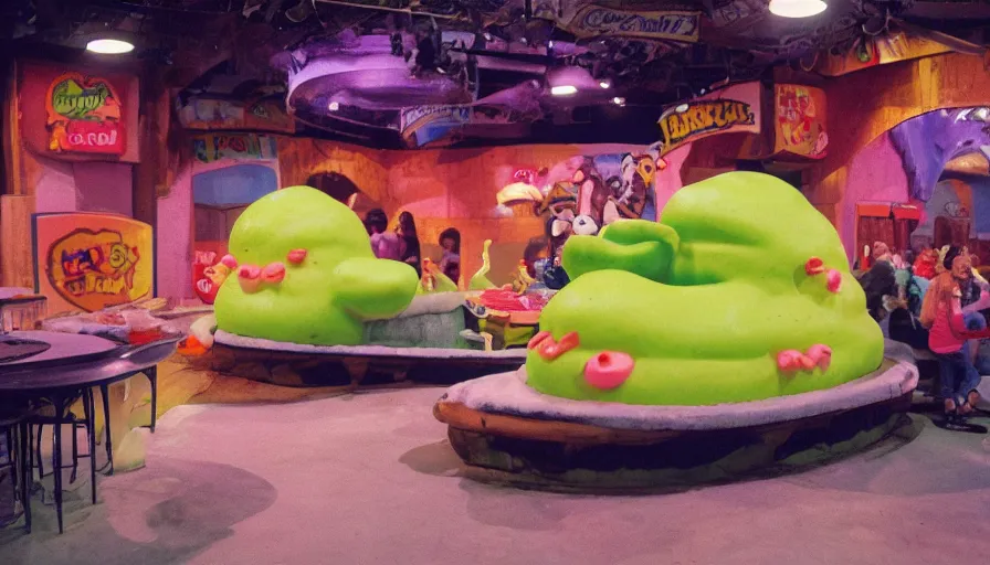 Image similar to 1990s photo of inside the Slime Friends Snow Potato Show ride at Universal Studios in Orlando, Florida, riding a hotdog through a dinner plate world, cinematic, UHD