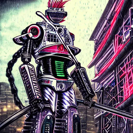 Image similar to beautiful hyper-detailed full colour manga illustration of a robot ninja warrior with a sword, standing on top of a modified Nissan skyline r34, cyberpunk, dystopian, neon, rain