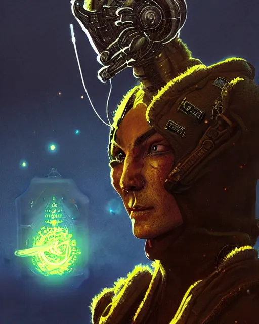Image similar to a fed up cyber astro monk like from skyrim and elden ring and grand theft auto and overwatch, character portrait, portrait, close up, concept art, intricate details, extremely detailed, realistic vintage sci - fi poster, in the style of chris foss, rodger dean, moebius, michael whelan, lumi, and gustave dore