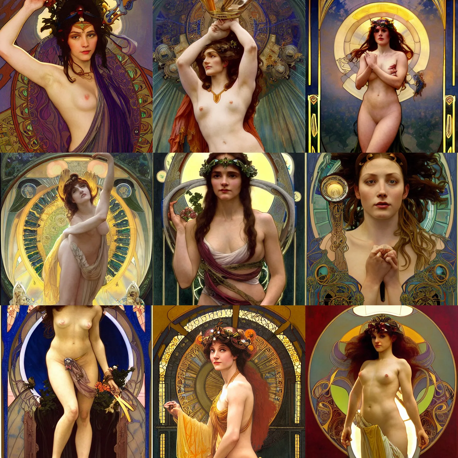 Prompt: stunning, breathtaking, awe-inspiring award-winning concept art nouveau painting of attractive Ramona Young as the goddess of the sun, with anxious, piercing eyes, by Alphonse Mucha, Michael Whelan, William Adolphe Bouguereau, John Williams Waterhouse, and Donato Giancola, cyberpunk, extremely moody lighting, glowing light and shadow, atmospheric, cinematic, 8K