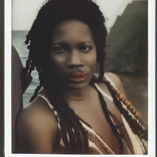 Prompt: a medium full shot, german and eastern european mixture polaroid photograph depicting a black woman with dark brown skin, long, swirling black hair, and jade colored eyes, on a sailing boat. she is wearing wearing a yachting dress ensemble in 1 9 8 2.