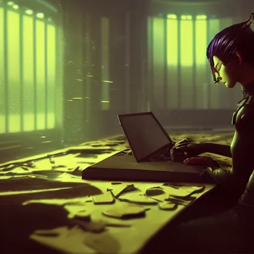 Image similar to sci fi cyberpunk fantasy art prompt magician studying casting spells with keyboard, by greg rutkowski ultrahd dark volumetric lighting hyper detailed unreal engine octane render