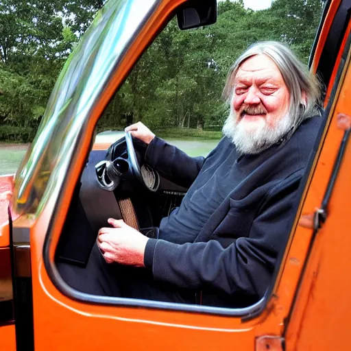 Image similar to robert wyatt sitting in the driver's seat of a large truck with leds under the vehicle