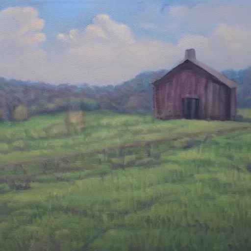 Prompt: Landscape, abandoned homestead at morning. Ohio River Valley. Oil on Canvas