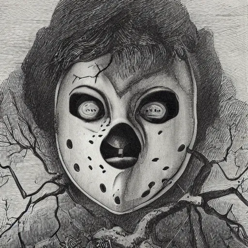 Image similar to found footage of floating mask in abandoned house. b & w grainy. children illustration. art by gustav dore - andy riley