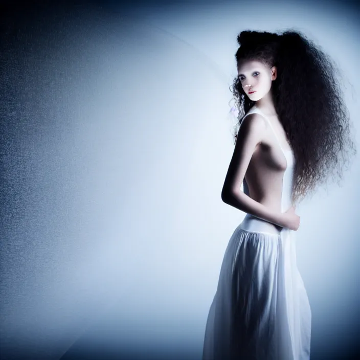 Image similar to simulated photography of a young woman with long curly hair, dressed in long white, light painting in style of Paolo Roversi, professional studio lighting, dark background, hyper realistic photography, fashion magazine style
