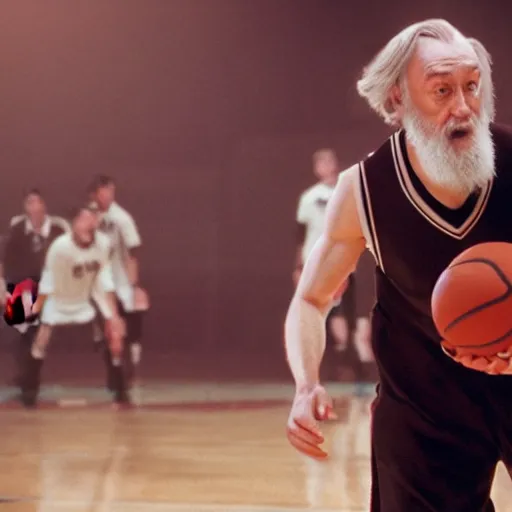 Image similar to dumbledore playing basketball, film still, cinematic lighting