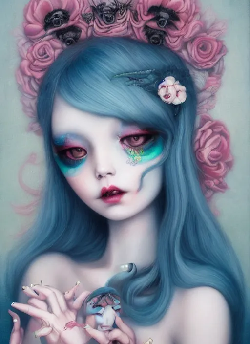 Image similar to pop surrealism, lowbrow art, realistic cute girl painting, japanese street fashion, hyper realism, muted colours, rococo, natalie shau, loreta lux, tom bagshaw, mark ryden, trevor brown style,