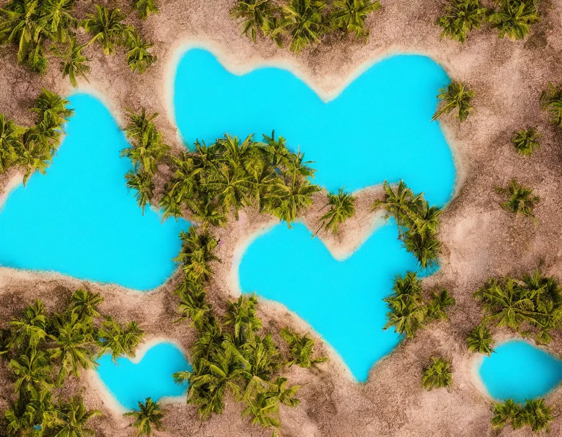 Prompt: closeup shot photo of ultra realistic blue lagoon with exotic palm tree heart / shaped sandy beach island, sunset lighting