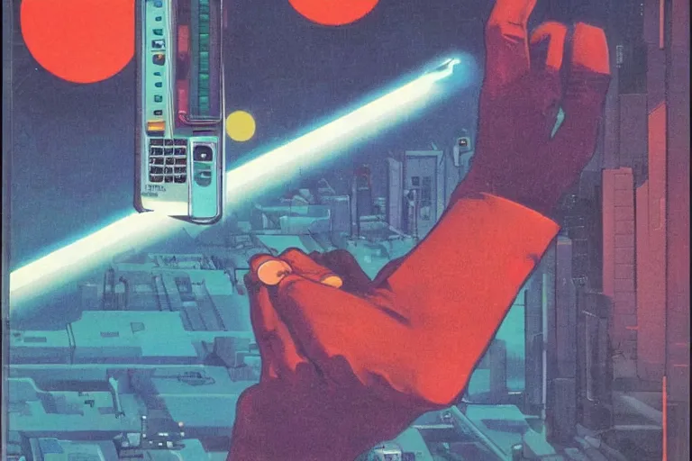 Image similar to a 1982 cover of OMNI magazine depicting a hand holding a bulky retro tv remote. Neo-Tokyo. Cyberpunk style art by Vincent Di Fate.