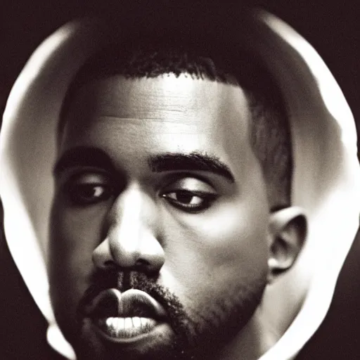 Image similar to a chiaroscuro lighting portrait of kanye west dressed as rick owens, black background, portrait by julia margaret cameron, shallow depth of field, 8 0 mm, f 1. 8