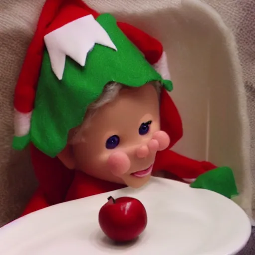 Image similar to a friendly elf eating an apple in the womb.