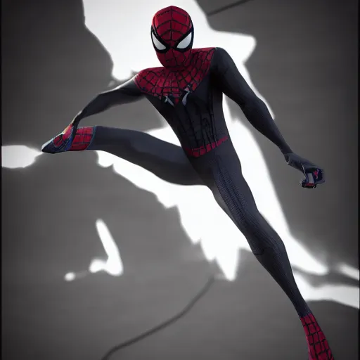 Image similar to black spider - man suit with white web lining, cinematic, volumetric lighting, realistic, hyperdetailed, photorealistic, photograph