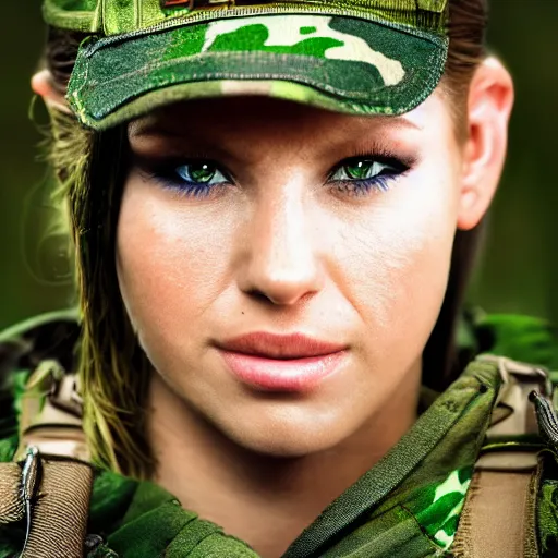 Prompt: portrait of a female ranger, dungeons and dragons, full color, vivid, realistic illustration, upper body close up, dressed in green camouflage