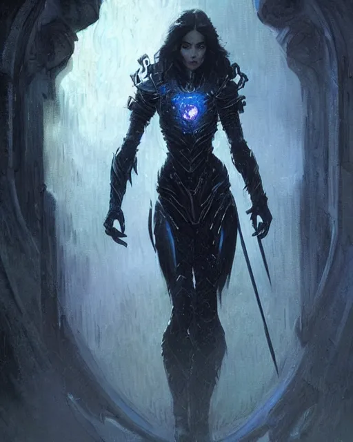 Image similar to a beautiful woman dark hair in an armor with dark eyes, perfect body, perfect face, highly detailed, elegant, dark blue, ethereal horror fantasy art by greg rutkowski and magali villeneuve and claude monet