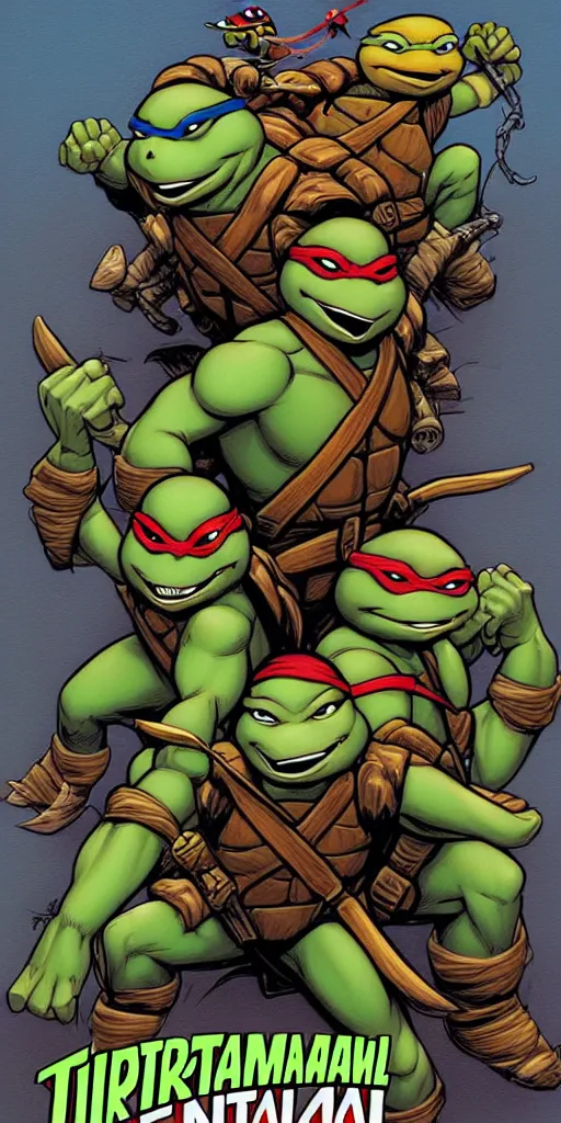 Image similar to Teenage mutant ninja turtle comic book cover illustration by brom