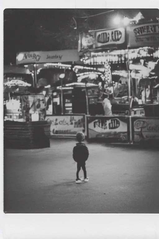 Image similar to photo polaroid of sad and lonely child in the middle of the street, in front of him a funfair, loneliness, war, black and white ,photorealistic, 35mm film,