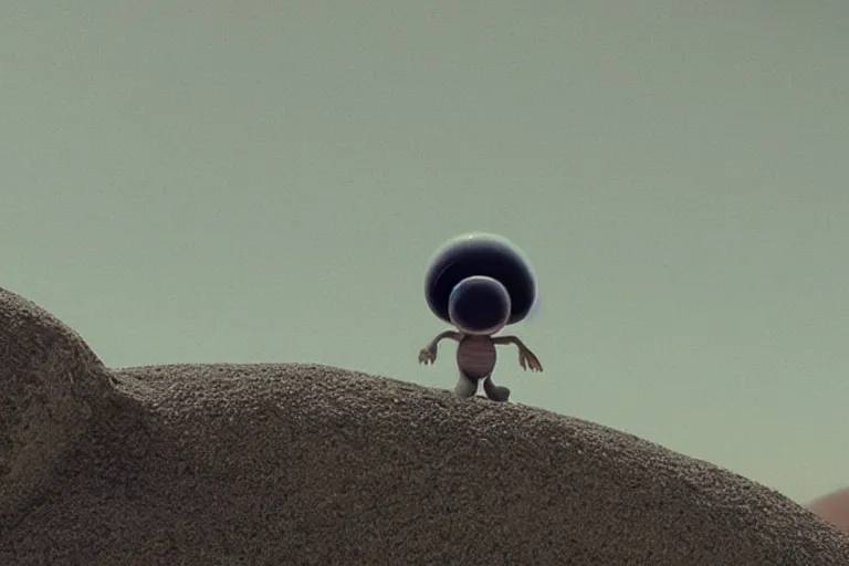 Image similar to vfx movie scene closeup adorable tiny little baby alien creature in moon desert eating a rock. by emmanuel lubezki