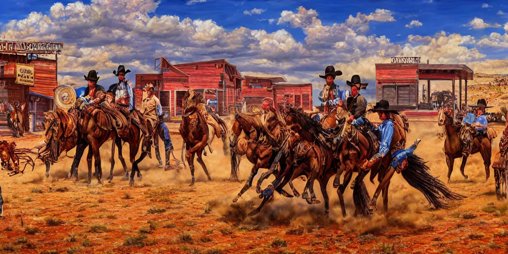 Image similar to photorealist painting of wild west western gunfight, cowboy shootout, vivid colors, warm colors, high production value, intricate details, high resolution, hyperrealistic, hdr, high definition, masterpiece, ultra realistic, highly detailed, hd, sharp focus, non blurry, sharp, smooth