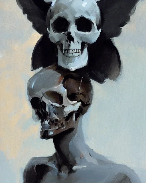 Image similar to an angel with a skull for the head, by greg manchess, organic painting, dark, bold shapes, trending on artstation