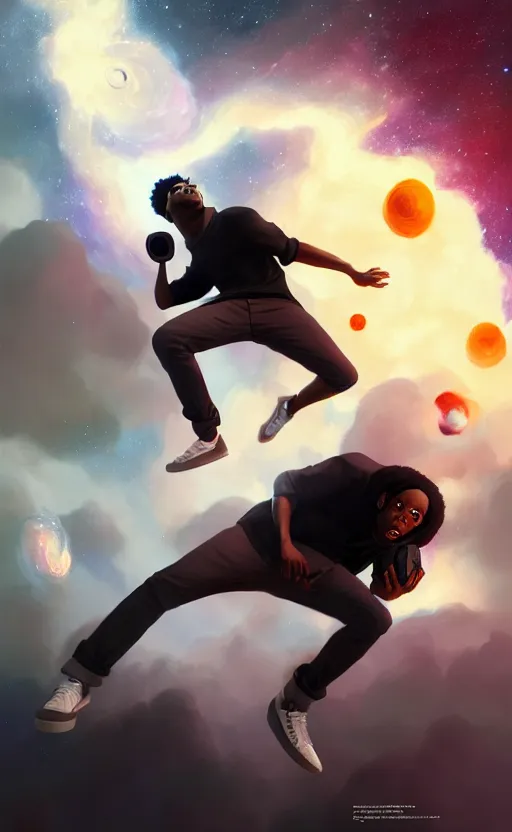 Prompt: handsome black genius hacking the metaverse, vr headset, white t - shirt and jordans, flying through spacetime, exploding nebulae, highly detailed, digital painting, artstation, concept art, smooth, sharp focus, illustration, art by wlop, mars ravelo and greg rutkowski