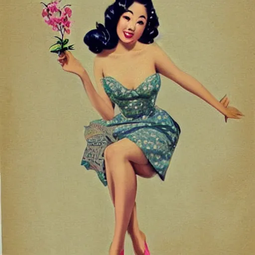 Image similar to pin - up fullbody portrait of a beautiful young asian woman, pretty long hair, intense flirting, showing curves, symmetrical face, digital art, smooth, extremely detailed, model pose, intense look, dream, cherry blossoms, gorgeous young model, traditional beauty, perfect proportions, pretty, by wu bayard, by gil elvgren, by ralph horsley,