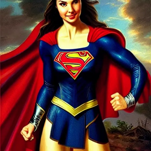 Prompt: a potrait of gal gadot as supergirl. by rembrandt 1 6 6 7, illustration, by konstantin razumov