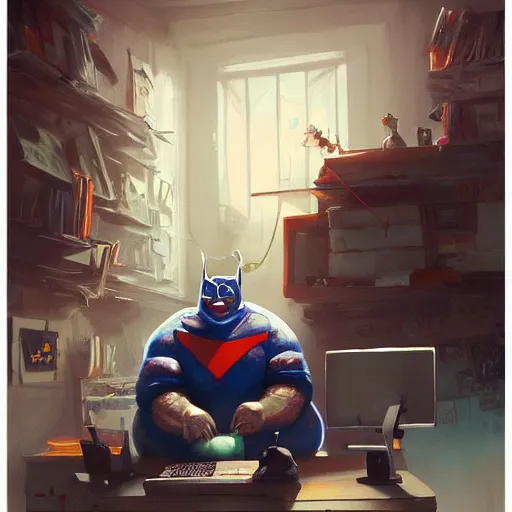 Image similar to a insanely detailed painting of a fat masked superhero wearing a costume sitting at a desk, staring at the nervously at the computer and clicking on the mouse, in the style of peter mohrbacher, dramatic lighting and composition, trending on artstation, concept art, comic book