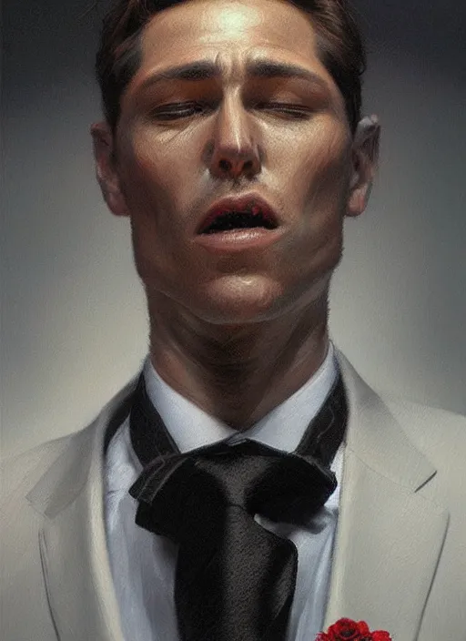 Prompt: an black suit with a tie, a rose of sharon shrub growing out of the neck hole instead of a head, intricate, highly detailed, concept art, hyperrealistic, oil painting by greg staples, 8 k