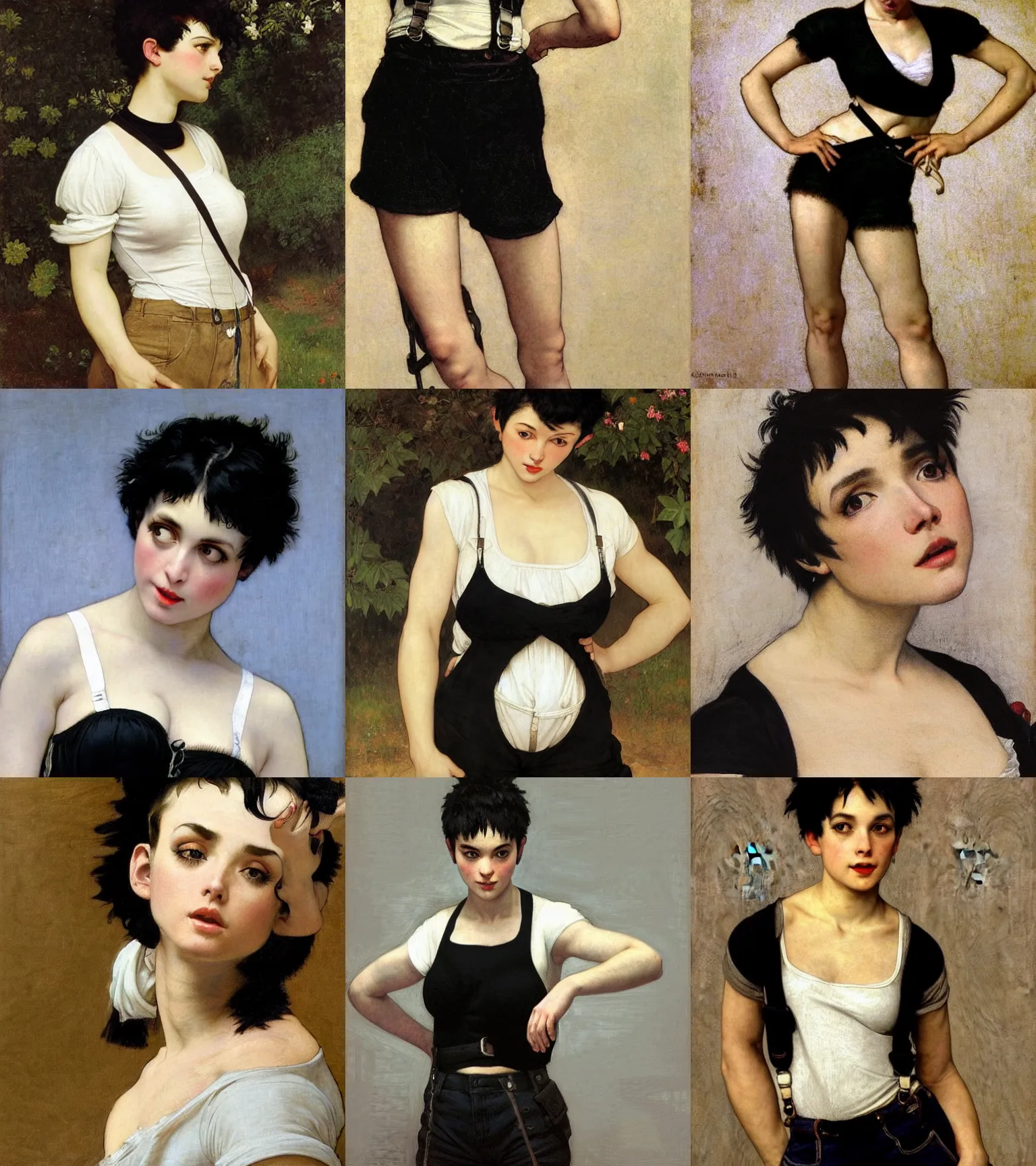 Prompt: a woman with black hair pixie cut in shorts with suspenders and white t-shirt drawn by caravaggio, Alexandre Cabanel, norman rockwell, peter paul rubens, maler collier, frank frazetta, alphonse mucha, gustav klimt 4k, unreal 5, DAZ, french noveau, trending on artstation, octane render, hyperrealistic