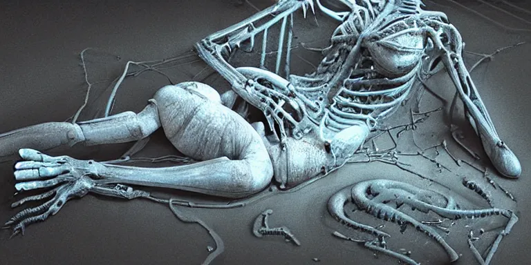 Prompt: A photorealistic sculpture designed by H.R. Giger of Photorealistic biomechanical a esophagus woman alien encased in transparent mucus on the bottom of a dark murky seafloor screaming into the camera + random creepy spider parts. Shot on color film by blade runner Cinematographer Jordan Cronenweth next to the titanic wreckage illuminated over head by submarine lights surrounded with volumetric haze and murky water with a 9.8mm lens in the style of blade runner shot on color film