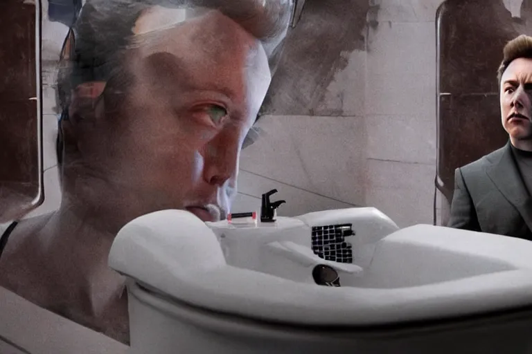 Image similar to hyperrealism aesthetic ridley scott and denis villeneuve style photography of a detailed giant elon musk, siting on a detailed ultra huge toilet and scrolling his smartphone in hyperrealism scene from detailed art house movie in style of alejandro jodorowsky and wes anderson