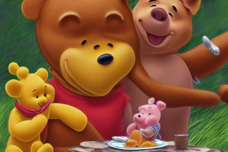 Prompt: winnie the pooh and piglet eating spare ribs, digital art, high detail, hyper realistic,