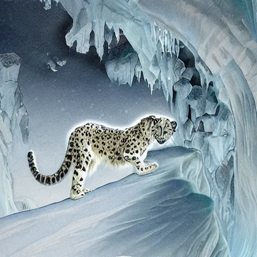 Prompt: riding the snow leopard into the translucent ice caves. melancholy undertones, high fantasy art official contest submission 3 8 4 0