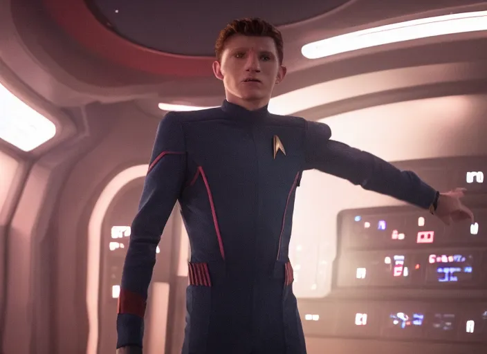 Prompt: Tom Holland plays as captain in Star Trek Discovery, engine room and warp core in the background, 35mm photography, highly detailed, cinematic lighting, 4k