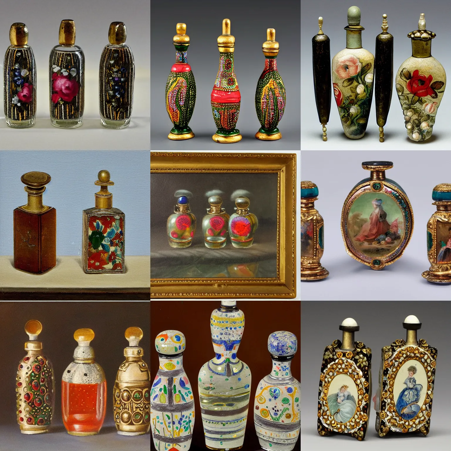 Prompt: dot art by benday, 1 8 th century perfume bottles, oil painting