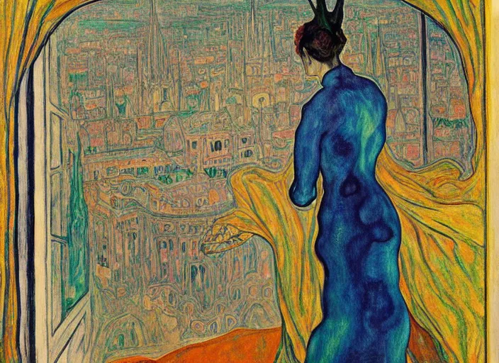 Image similar to woman in transparent vaporous night gown with demonic creature with horns and snout, with city with gothic cathedral seen from a window frame with curtains. vivid iridescent psychedelic colors. munch, egon schiele, bosch, henri de toulouse - lautrec, utamaro, monet, agnes pelton - h 7 0 4