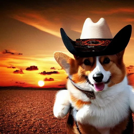 Image similar to cat in a cowboy hat riding a corgi, wild west, sunset