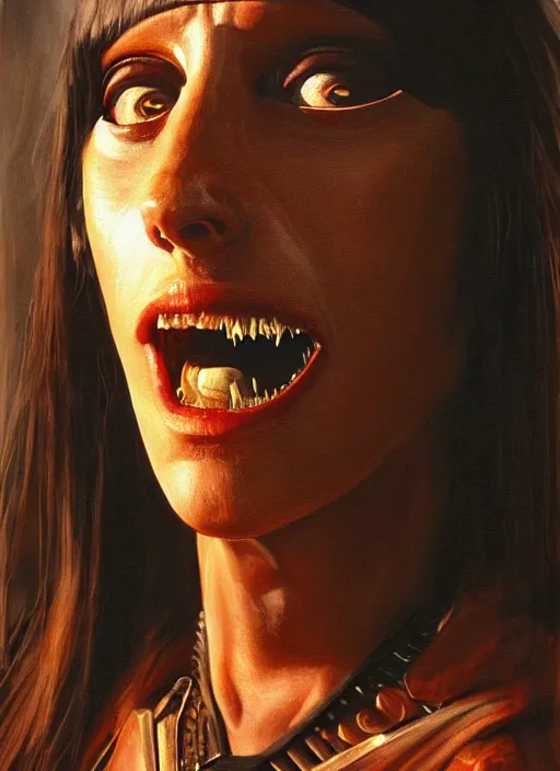 Prompt: portrait of a young 1 9 8 0 s shelley duvall as an evil warlord character in mad max 2 : the road warrior, film still, detailed realistic face in painting, detailed beautiful portrait, oil painting masterpiece, 8 k resolution, smooth, sharp focus, trending on artstation, by rembrandt