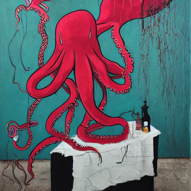 Image similar to empty room with black walls, sensual portrait of a female pathologist, octopus mural, spilled vase of flowers and water, squashed berries, neo - expressionism, surrealism, acrylic and spray paint and oilstick on canvas