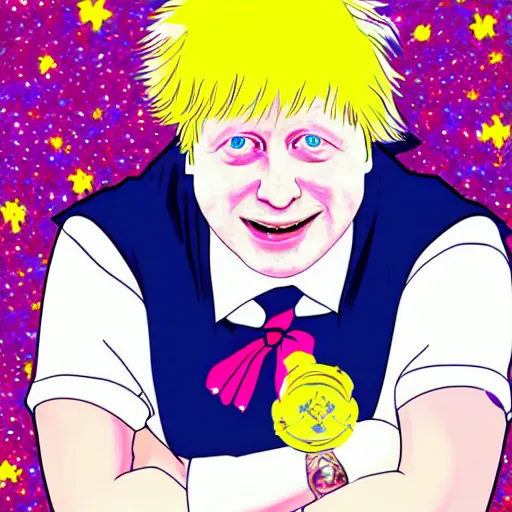 Image similar to boris johnson wearing a sailor moon costume in the style of sailor moon the anime, digital art, colourful, sparkly