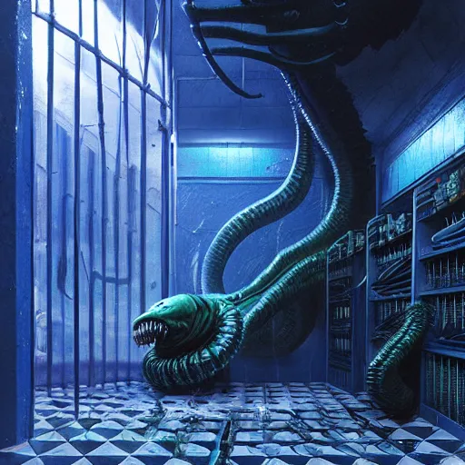 Image similar to menacing aggressive black slimy creature made out of needles, inside a gas station, aggressive harsh bright fluorescent industrial blue lighting, extremely detailed digital matte painting buy Greg Rutkowski and H.R. Giger