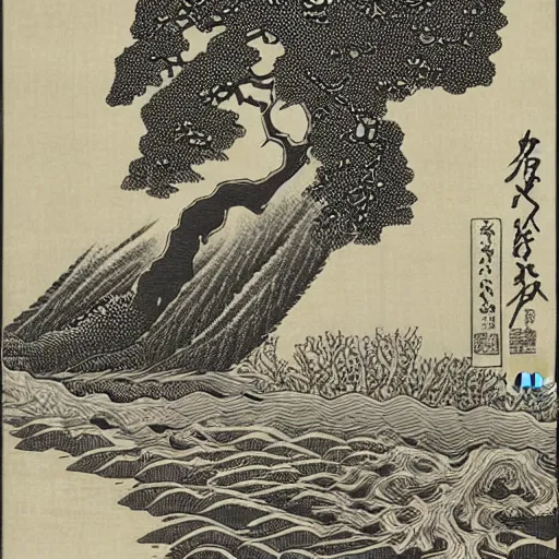 Prompt: a japanese woodcut, river flowing, mountain, ernst haeckel, moebius