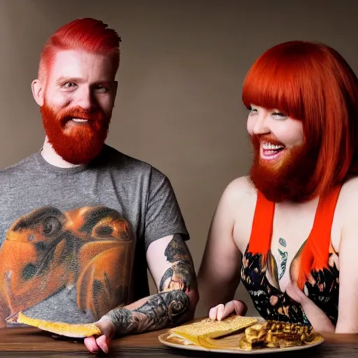 Image similar to an attractive slender woman with red orange hair and a man with a dark beard and tattoos are very happy amongst cheese and lizards