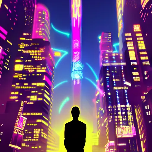 Prompt: one man silhouette standing in front of a cyberperunk city, neon lights, anime, night, very beautiful, trending on deviantart,