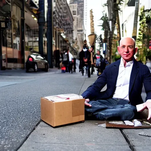 Image similar to jeff bezos begging on the street, highly detailed, photograph