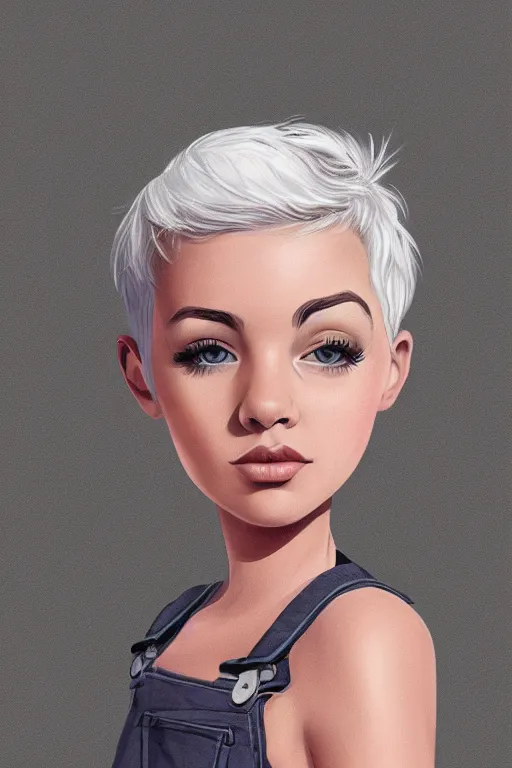 Image similar to portrait of an engineer girl with short white hair, wearing overalls, medium shot, portrait, concept art, vector line art, natural lighting, illustration, highly detailed, artstation,