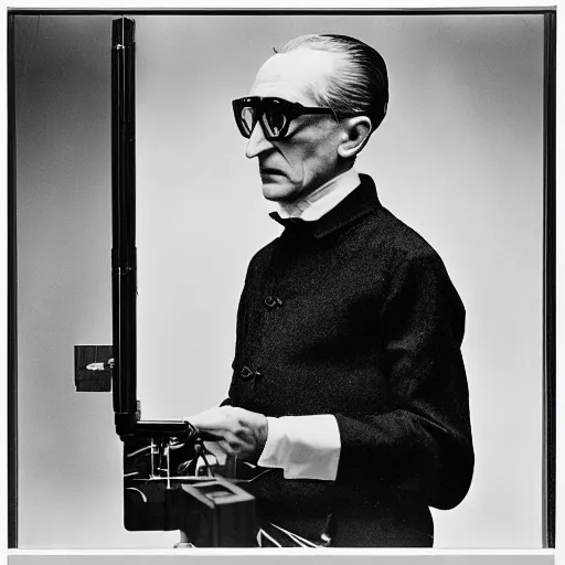 Image similar to Kodachrome portrait of Marcel Duchamp with an technologival machine, archival pigment print in the style of Hito Steyerl, studio shooting, contemporary art